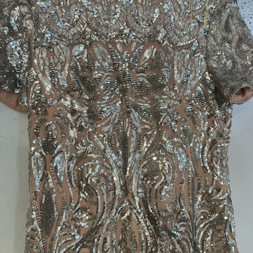 R&M Richards Silver Sequin on Nude Cocktail Mini Dress - Picture 4 of 4